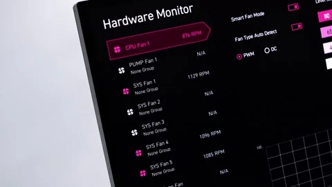 A close-up of a digital display showing Hardware Monitor with CPU Fan 1 at .. Stock Footage 314389114