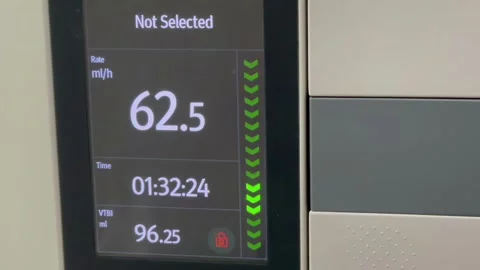 Close up of a digital infusion pump screen showing fluid flow rate and time. Stock Footage 334324509