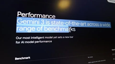 A close-up of a digital screen displaying text about Gemini 3 performance Stock Footage 321750119