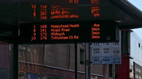 A close up of a digital sign in a bus stop saying which buses are due as Red  Stock Footage 168456687
