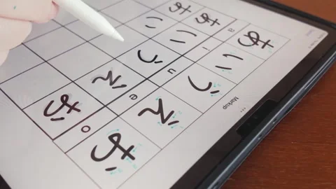 Close-up of a digital tablet displaying Japanese hiragana characters Stock Footage 314770785