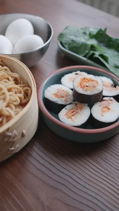 Close-up of dim sum setup sushi,noodles ... | Stock Video | Pond5