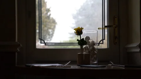 Close up of dining table while the beast from the east rages outside, 4k, UHD Stock Footage 86470587