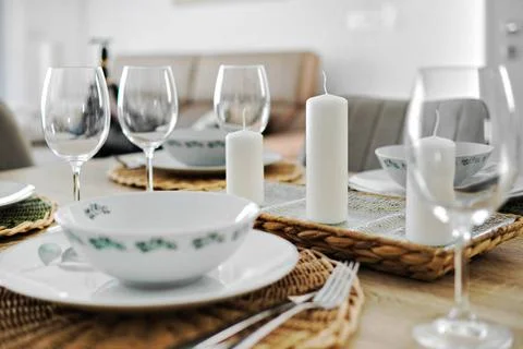 Close up dinnerware served on dining table Empty wine glasses and dinnerwa... Stock Photos