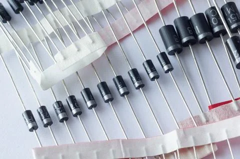 Close-up of diodes on a tape. Electronic components concept. Stock Photos