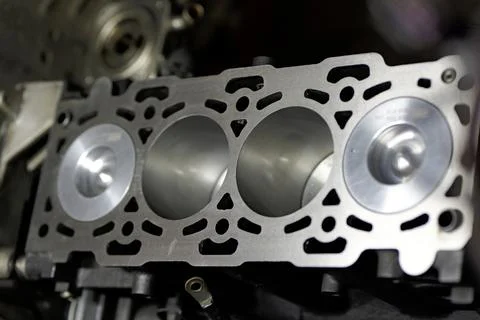 Close-Up of Disassembled Car Engine with New Pistons _ 스톡 사진