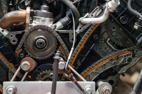 Close-up on a disassembled engine with a view of the gas distribution mechani Stock Photos