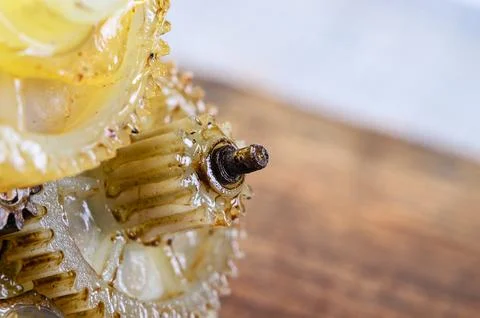 Close-up of a disassembled mechanical gear system with oil residue Stock Photos