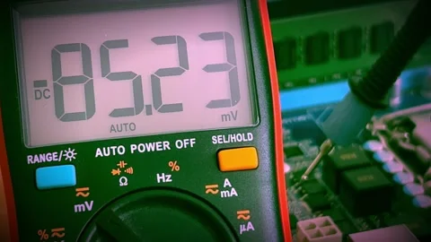 Close up display of digital multimeter. Electric system checking Stock Footage 167327330