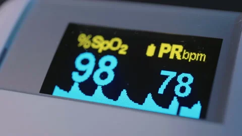 Close up of a display on a pulse oximeter measures oxygen on the finger Stock Footage 167000689
