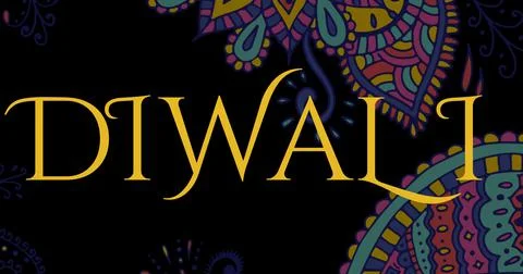 Close-up of diwali text over creative rangoli patterns on black background イラスト素材