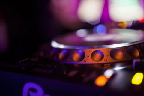 Close up of DJ console during party concert, music, electronic music, rave Stock Photos