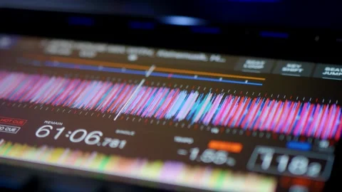 Close Up Of DJ Controller Screen Displaying Audio Waveform.  Professional DJ Dis Stock Footage 335933192