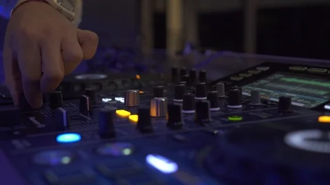 Close up DJ deck and sound console for house music at night club party. DJ Stock Footage 108322338