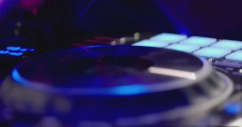 Close Up Of Dj Mixer Controller Desk In Night Club Disco Party . Hand of DJ Stock Footage 132594760