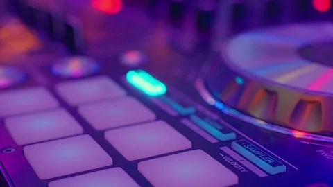Close up of Dj Mixer Controller Desk in Night Club Disco Party. Buttons and Stock Footage 303708047
