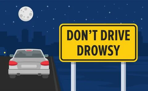 Close-up of do not drive drowsy road sign. Night city highway. Stock-Illustration