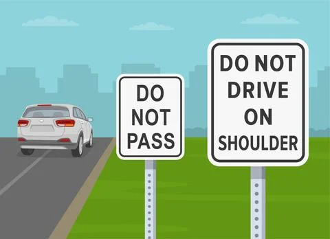 Close-up of a "do not pass" and "do not drive on shoulder" sign area. Back view Stock Illustration