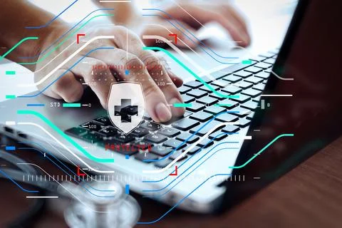 Close up of Doctor hand using laptop computer in office Stock Photos