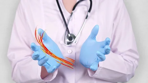 Close-up. Doctor in medical white coat, blue gloves holds in hands drawn Stock Footage 128781453
