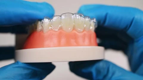 Close-up. The doctor puts transparent aligners on the teeth of the artifici.. Stock Footage 304363875