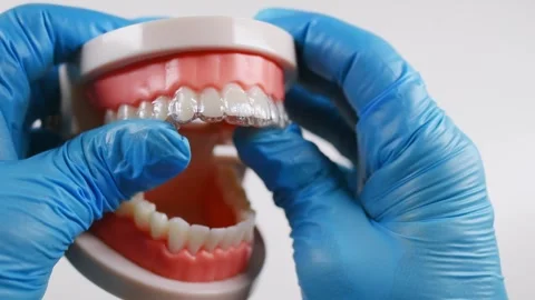 Close-up. The doctor puts transparent aligners on the teeth of the artifici.. Stock Footage 304363877