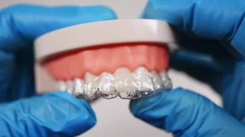 Close-up. The doctor puts transparent aligners on the teeth of the artifici.. Stock Footage 304363919