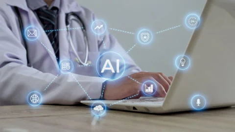 Close up of doctor typing on laptop while visualization of artificial Video stock 345844396