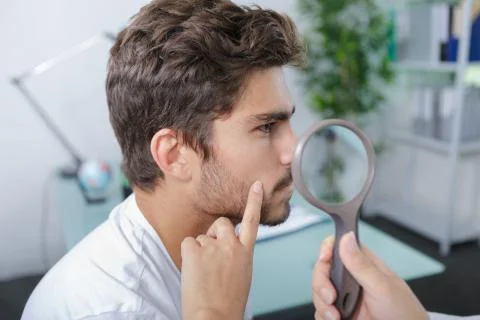 Close-up of doctors hands checking mans moles Stock Photos