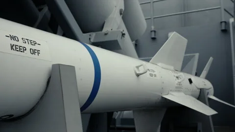 Close Up Dolly Along US Navy Guided Missile on Destroyer Deck Stock Footage 322042577