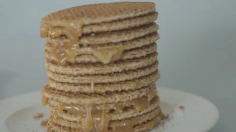 Close dolly of delicious stack of stroopwafels, a typical dutch cookie Stock Footage 142778966
