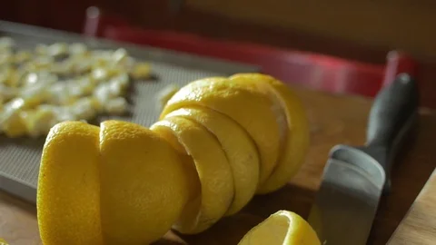 Close up dolly of lemon skins to dehydrate Stock Footage 73576662