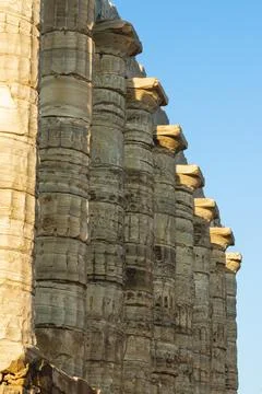 Close up of Doric columns at Temple of Poseidon, Sounion, Greece. Stock Photos