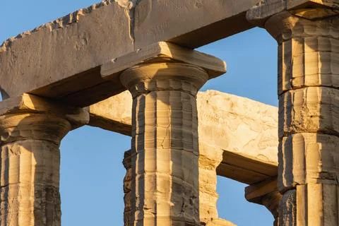 Close-up of Doric columns at Temple of Poseidon in Sounion, Greece. Stock Photos