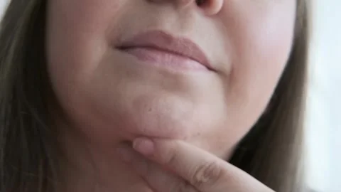 Close-up Double chin face mature woman 50 years old, human fat neck, saggin.. Stock Footage 276162130