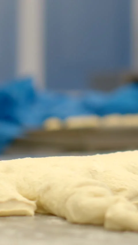 Close-up dough resting on floured bench in vertical bakery work surface ready Видео 344573359