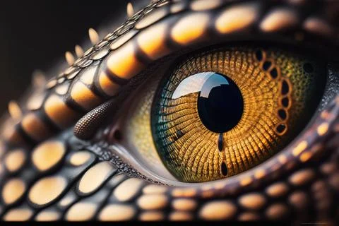A close up of a dragon eye with a black background and a yellow iris in the.. Illustrazione stock