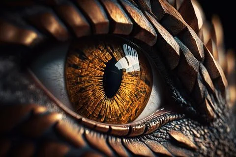 A close up of a dragon eye with yellow iris and brown feathers on it's head.. Illustrazione stock