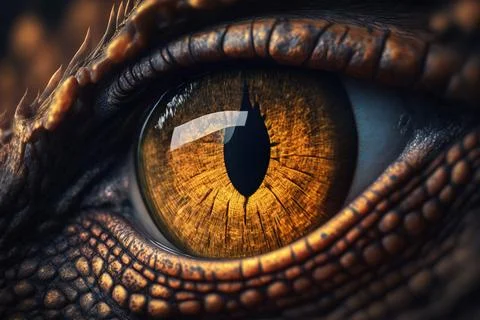 A close up of a dragon eye with a yellow iris and black iris iris with a re.. Stock Illustration