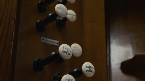 Close-up of Draw Knobs of Pipe Organ Located on Stop Jambs 스톡 동영상 286114761