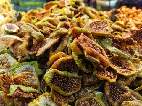Close-up dried figs. Background of dried figs and detail shots. Stock Photos