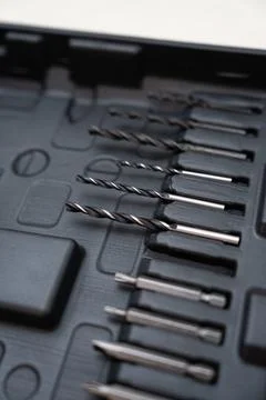 Close-Up of Drill Bits in Professional Tool Kit Stock Photos