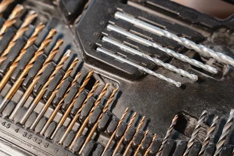 Close Up Of Drill Bits In Tool Case Stock-Fotos