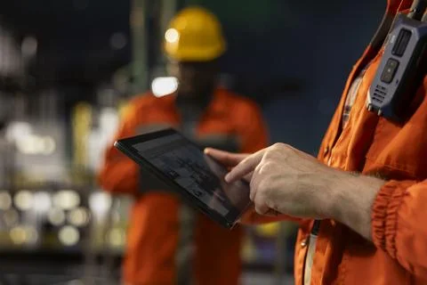 Close up of drilling barge professional analyzing equipment on tablet Stock Photos