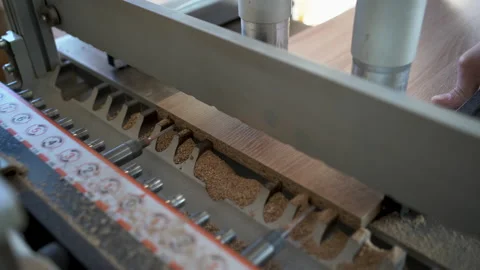 Close-up of drilling machine makes a hole in a wooden slab or mdf. The process Stock Footage 230017837