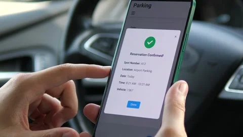 Close-up of a driver booking a parking spot via mobile app inside a car. Stock-Footage 326728554