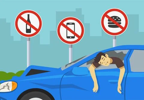 Close-up of a driver killed after colliding. Restriction signs on background. Stock Illustration