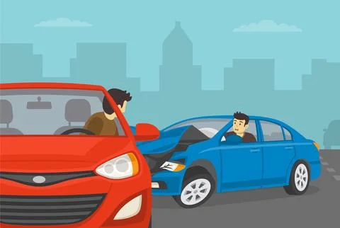 Close-up of a driver looks back after other car hits rear side. Road accident. Stock Illustration