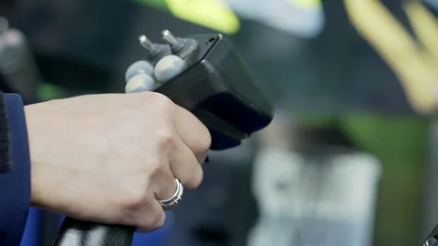 Close-up of a driver's hand with a joystick on a rig simulator. Stock-Footage 163050097