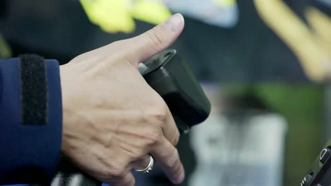 Close-up of a driver's hand with a joystick on a rig simulator. Stock Footage 164049567